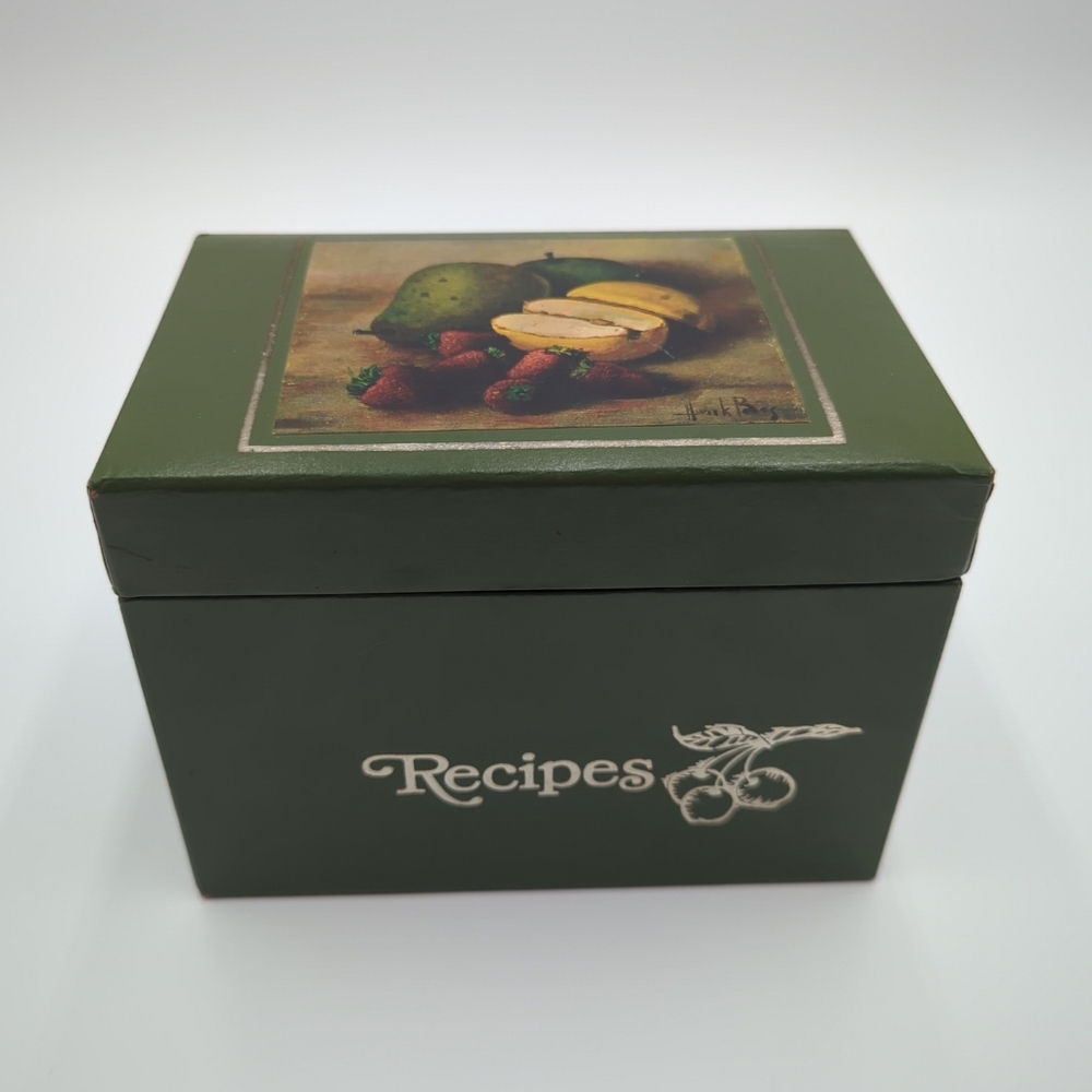 1970s Vintage Recipe Box with Hank Bos Fruit Still Life Avocado Green